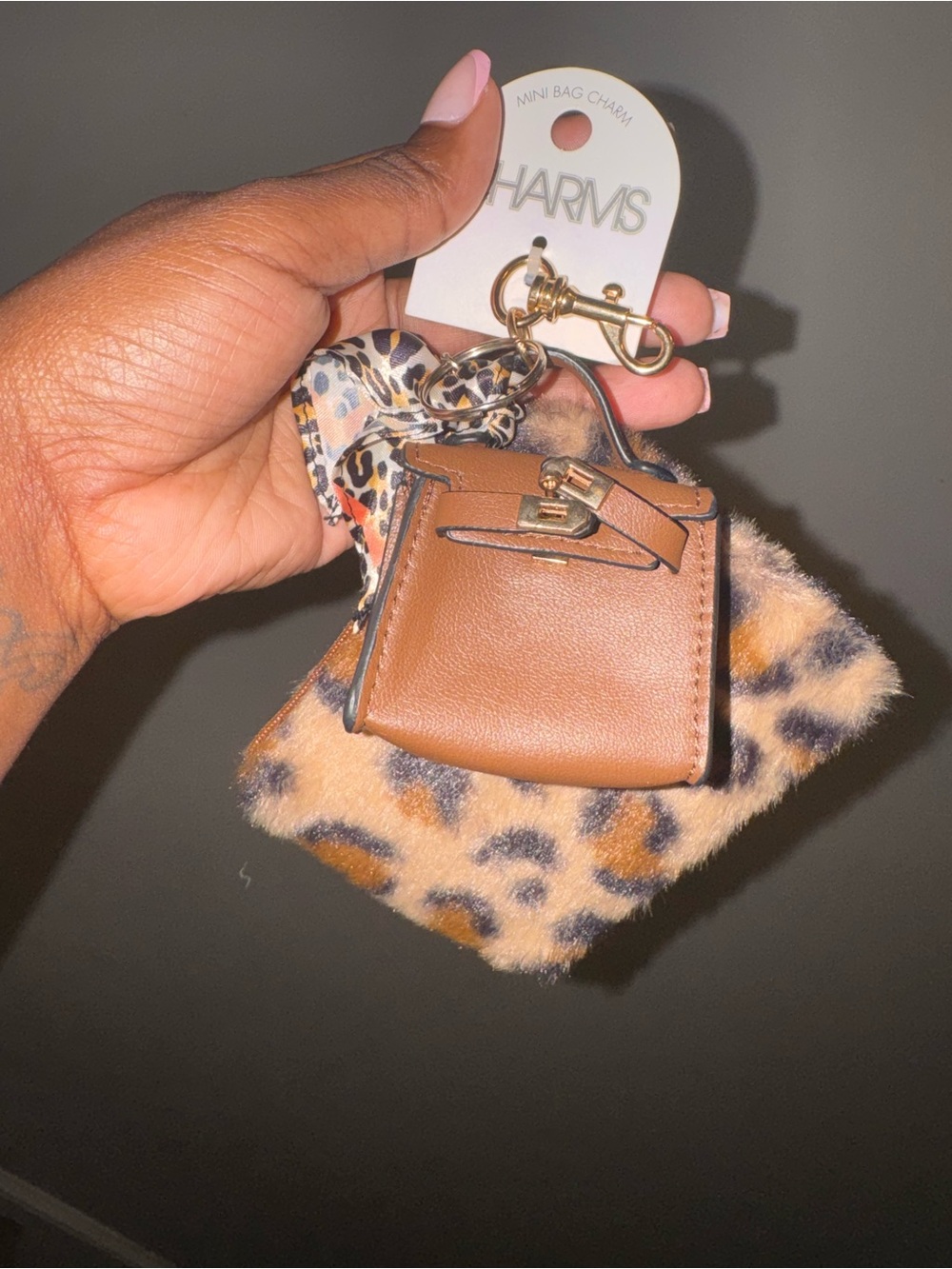 Mini Brown Leather Bag Charm with Leopard Fur & Scarf